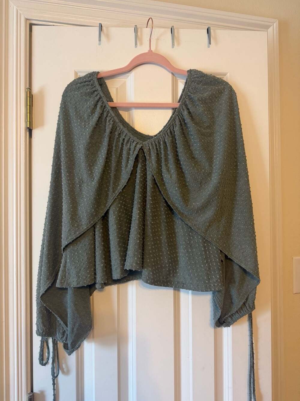 Saints & Hearts Olive Swiss Dot Cape Blouse with Tie Sleeves